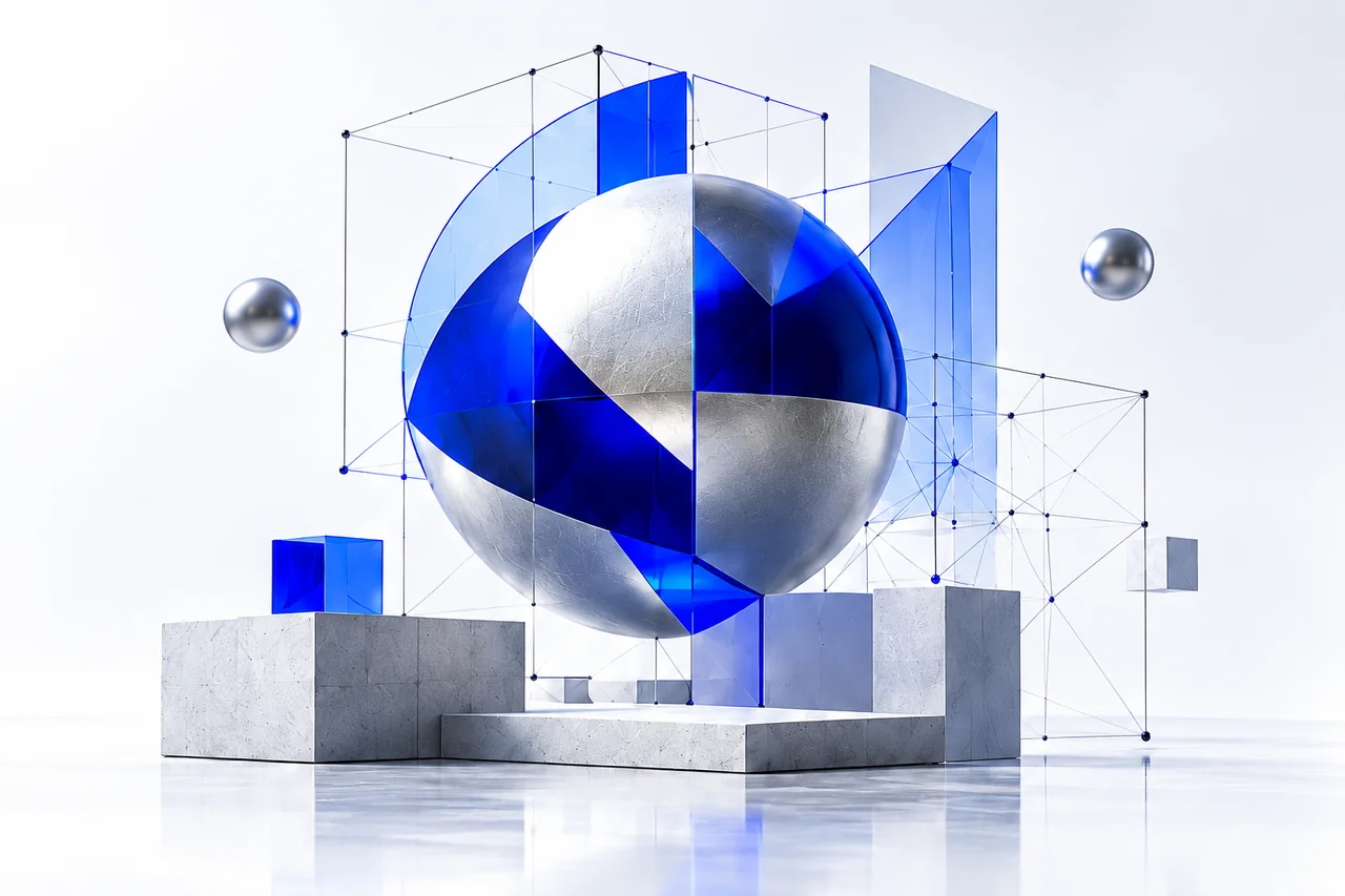 Silver blocks and blue planes forming a spatial sculpture